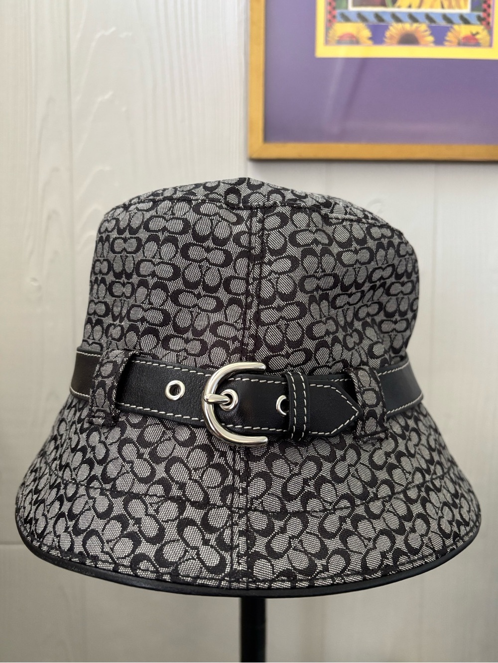 Coach Black & Gray Signature Print Bucket Hat with Belt Detail